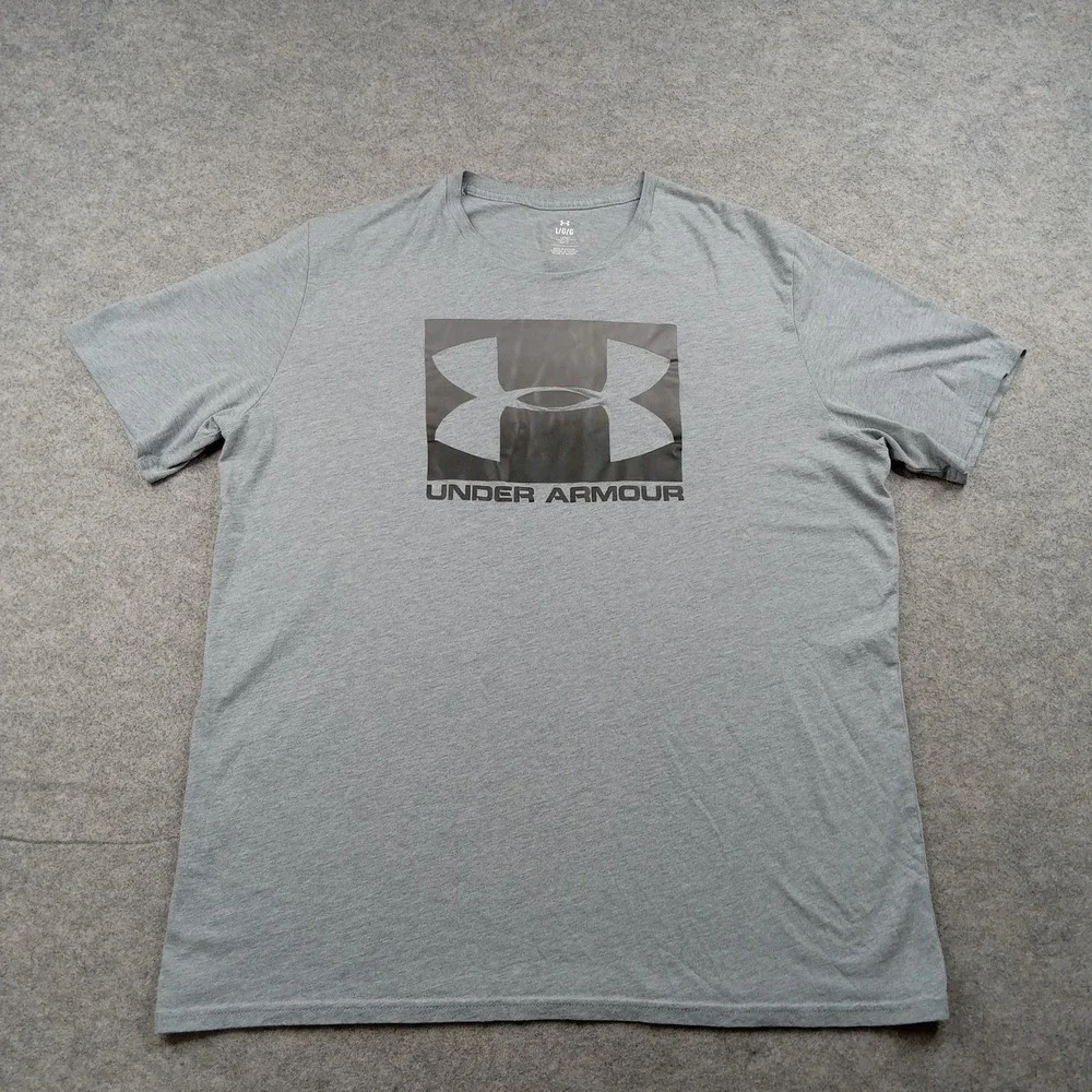 Under Armour Shirt Mens Large Gray Box Logo Graphic Tee Loose‎ Tagless Athletic